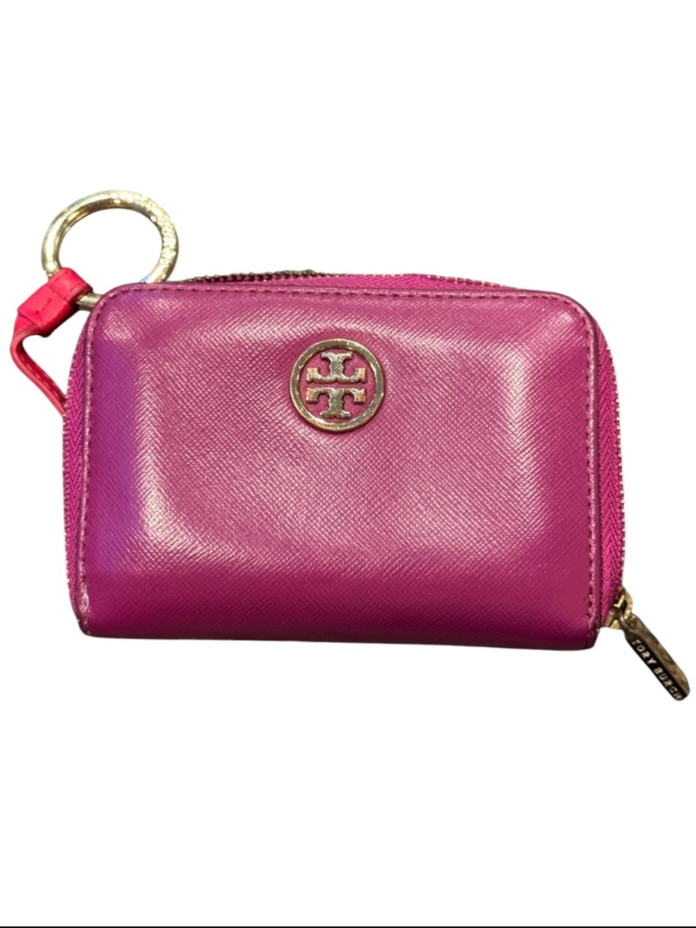 Tory Burch Pink Saffiano Leather Zip Coin Wallet Key Ring